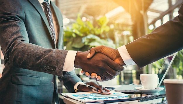 Accueil réunion de partenariat d'affaires image d'hommes d'affaires se serrant la main fleur dans un vase sur le dos généré par l'ia image premium générée à base d’ia